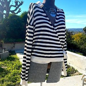 MANGO black & white stripe knit collar wrap top polo designer look sz M NWOT